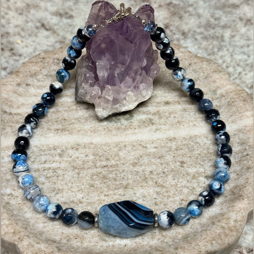 Blue-Black Banded Agate Gemstone Statement Necklace